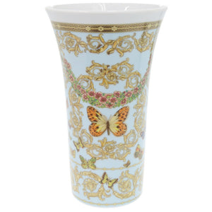 未使用 ヴェルサーチ 花瓶 Geschenkserie Le jardin de Versace 花 蝶 ポーセリン 磁器 ライトブルー/イエロー 1123【中古】VERSACE