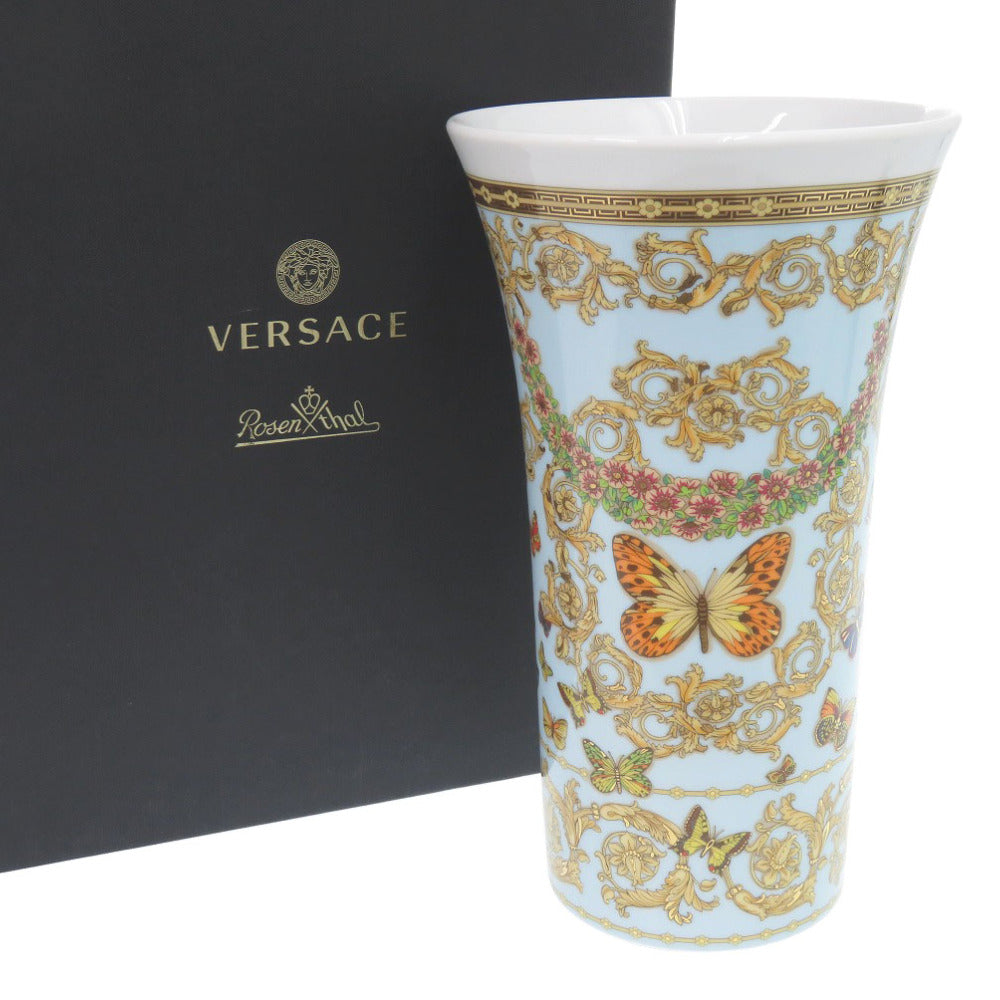 未使用 ヴェルサーチ 花瓶 Geschenkserie Le jardin de Versace 花 蝶 ポーセリン 磁器 ライトブルー/イエロー 1123【中古】VERSACE