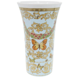 未使用 ヴェルサーチ 花瓶 Geschenkserie Le jardin de Versace 花 蝶 ポーセリン 磁器 ライトブルー/イエロー 1123【中古】VERSACE