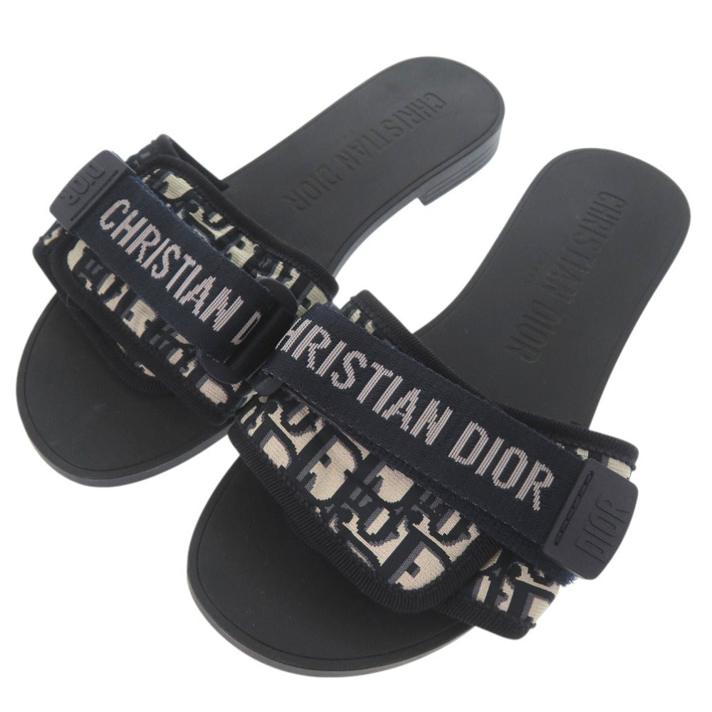 美品 クリスチャンディオール オブリーク ロゴ入り ミュール サンダル キャンバス ラバー ネイビー 1196【中古】Christian Dior