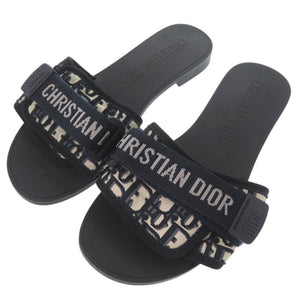 美品 クリスチャンディオール オブリーク ロゴ入り ミュール サンダル キャンバス ラバー ネイビー 1196【中古】Christian Dior