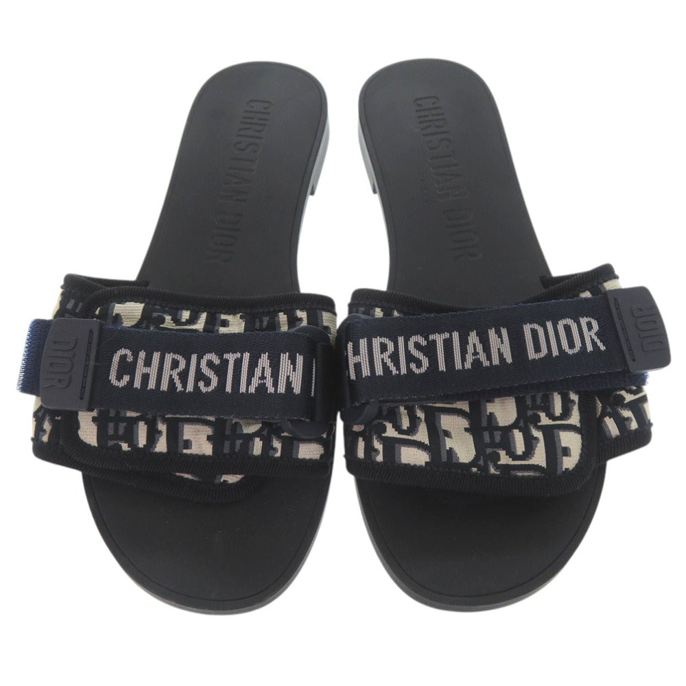 美品 クリスチャンディオール オブリーク ロゴ入り ミュール サンダル キャンバス ラバー ネイビー 1196【中古】Christian Dior