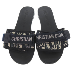 美品 クリスチャンディオール オブリーク ロゴ入り ミュール サンダル キャンバス ラバー ネイビー 1196【中古】Christian Dior