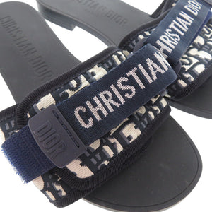 美品 クリスチャンディオール オブリーク ロゴ入り ミュール サンダル キャンバス ラバー ネイビー 1196【中古】Christian Dior