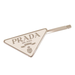 美品 プラダ ヘアピン トライアングルロゴ ホワイト シルバー アクセサリー 1202 【中古】 PRADA