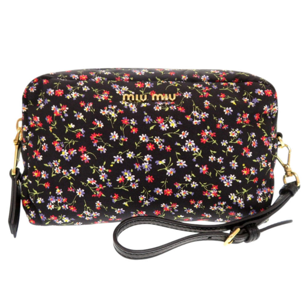 新品同様 ミュウミュウ 花柄 ナイロン ブラック ポーチ 化粧ポーチ 1261【中古】MIUMIU