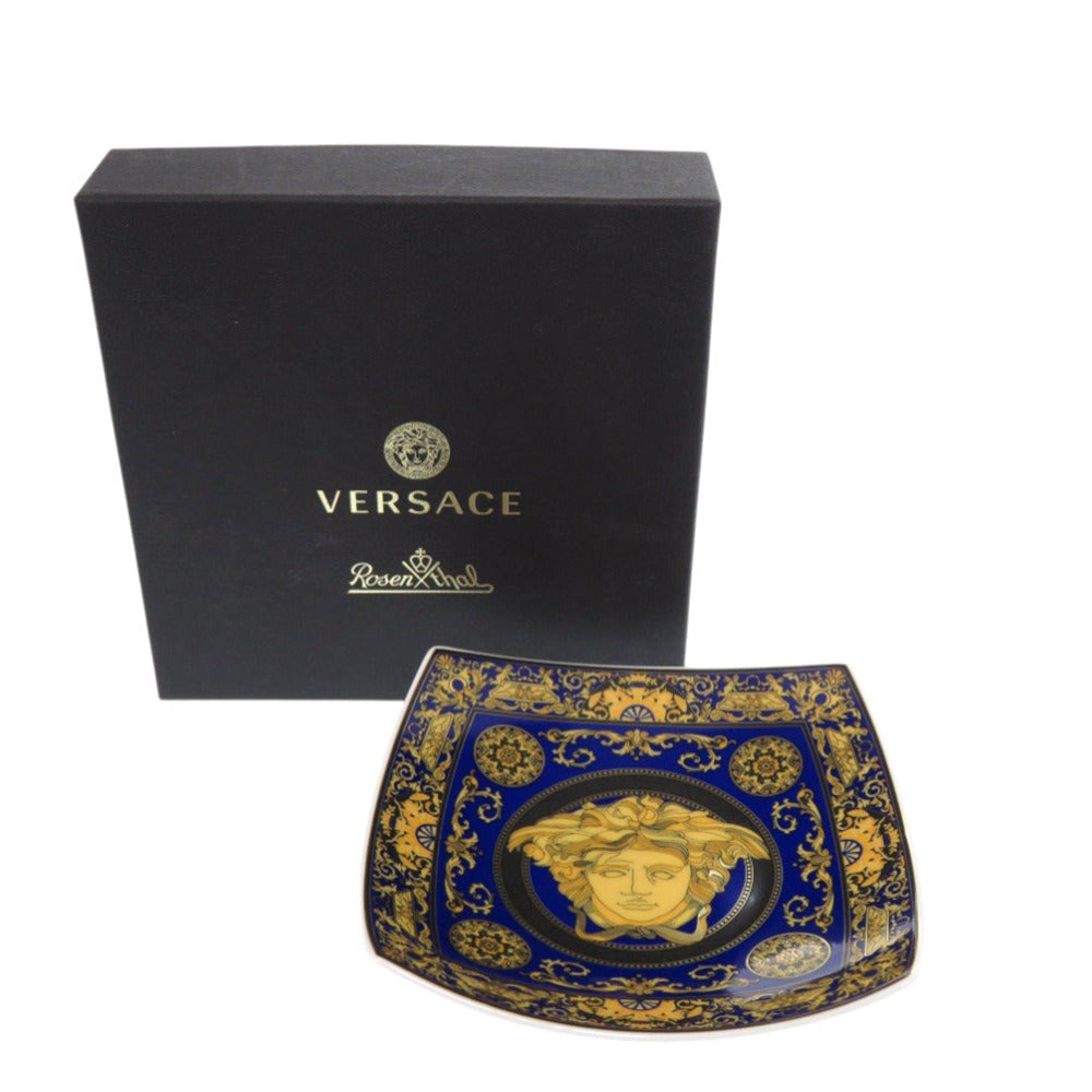 未使用 ヴェルサーチ スクエアプレート Medusa blau 小皿 ポーセリン 磁器 ネイビー 食器 1287【中古】VERSACE