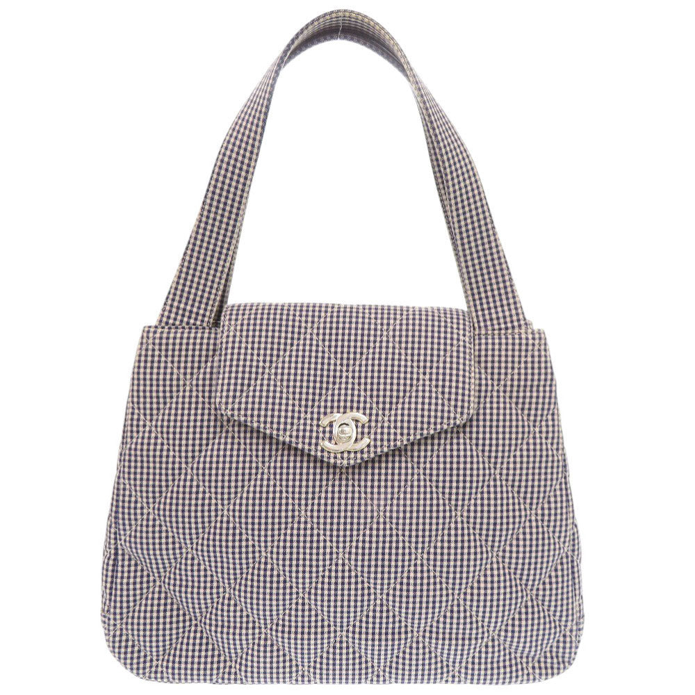 シャネル ココマーク ギンガムチェック キャンバス 4番台 シルバー金具 ブルー ハンドバッグ 1398【中古】CHANEL