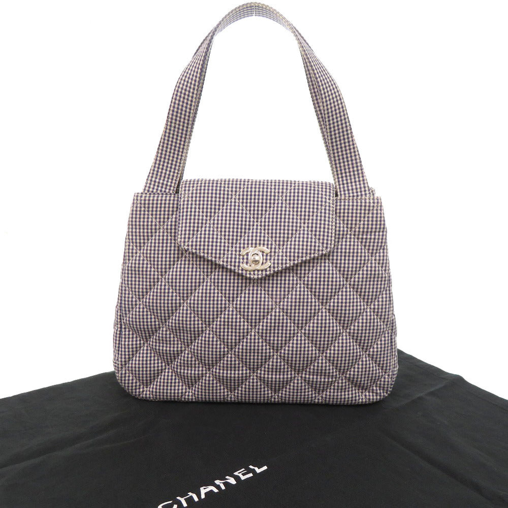 シャネル ココマーク ギンガムチェック キャンバス 4番台 シルバー金具 ブルー ハンドバッグ 1398【中古】CHANEL