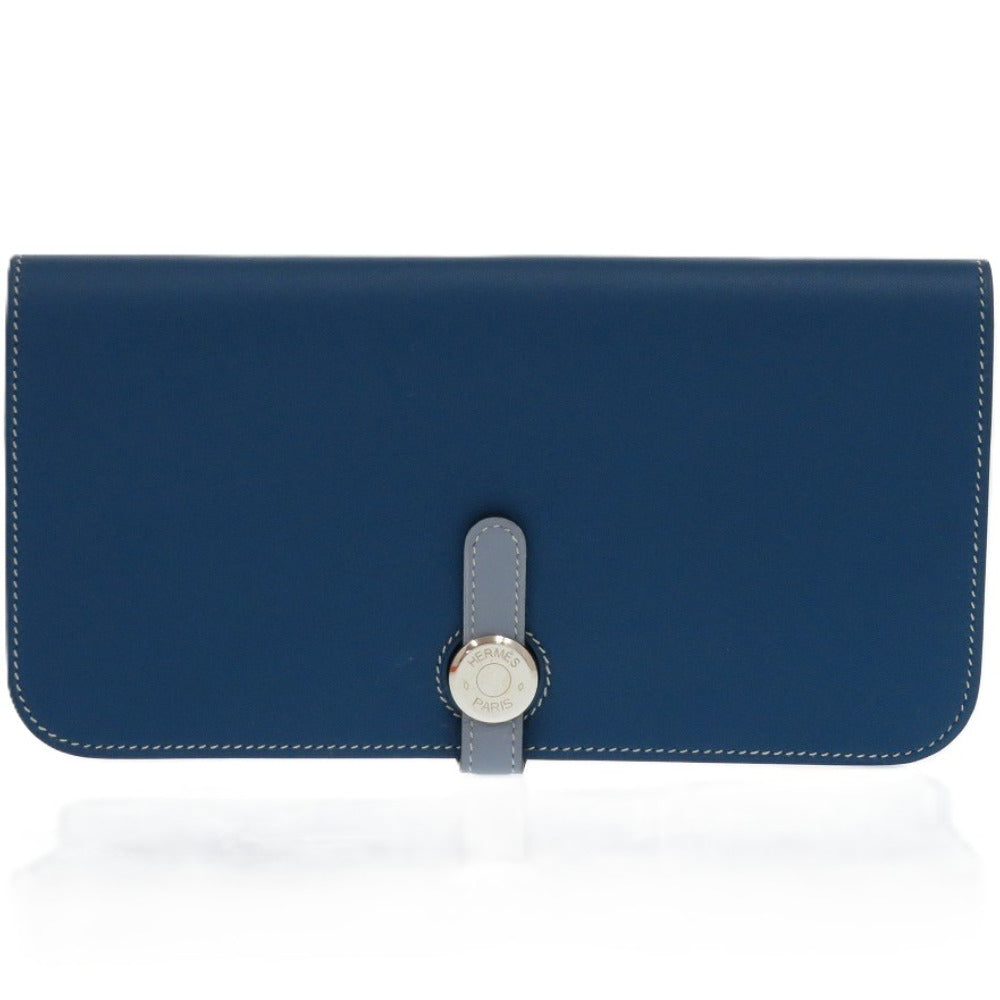 新品同様 エルメス ドゴンロング セリエ トゴ ブルードガリス □Q刻印 1418 青 長財布【中古】HERMES