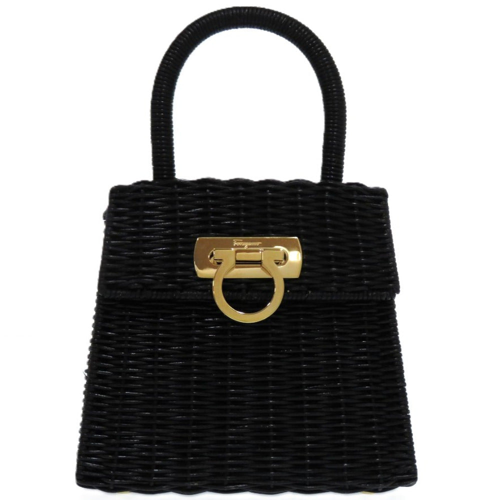 新品同様 サルヴァトーレフェラガモ ガンチーニ MJ-21 6176 ストロー ブラック 1446 黒 ハンドバッグ【中古】Salvatore Ferragamo