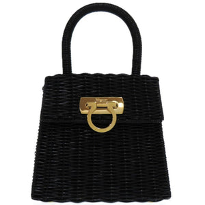 新品同様 サルヴァトーレフェラガモ ガンチーニ MJ-21 6176 ストロー ブラック 1446 黒 ハンドバッグ【中古】Salvatore Ferragamo