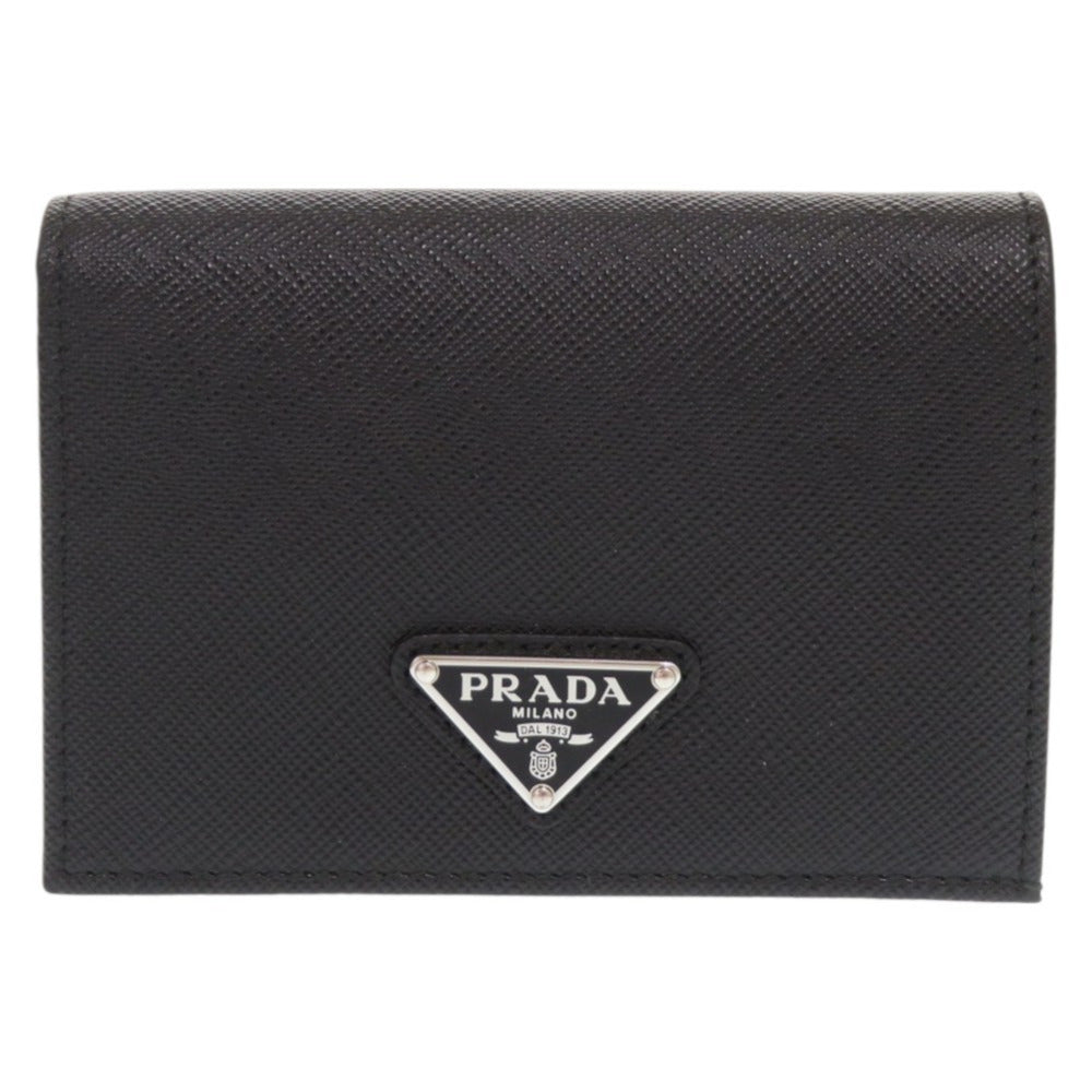 未使用品 プラダ トライアングルロゴ サフィアーノレザー ブラック 二つ折り財布 黒 1484【中古】PRADA