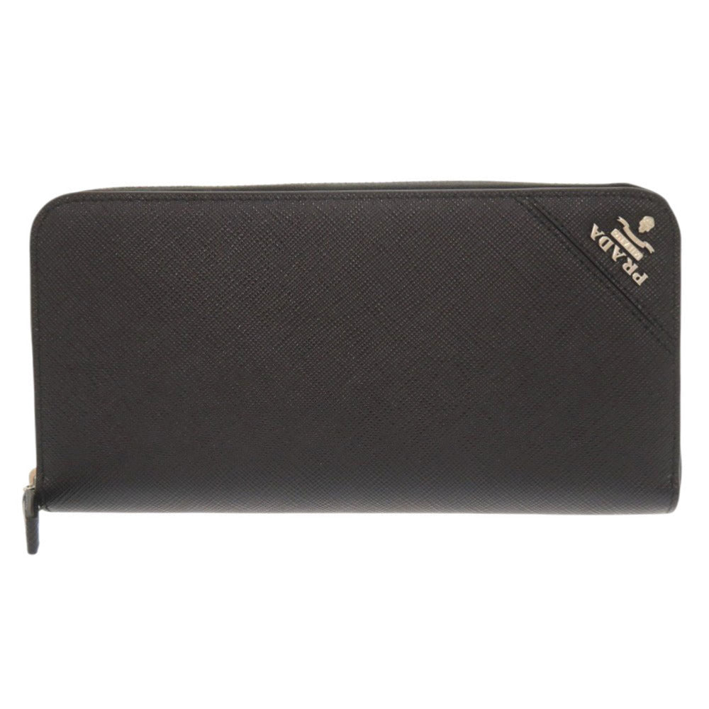 新品同様 プラダ サフィアーノレザー ブラック ラウンドファスナー 長財布 黒 1506【中古】PRADA メンズ