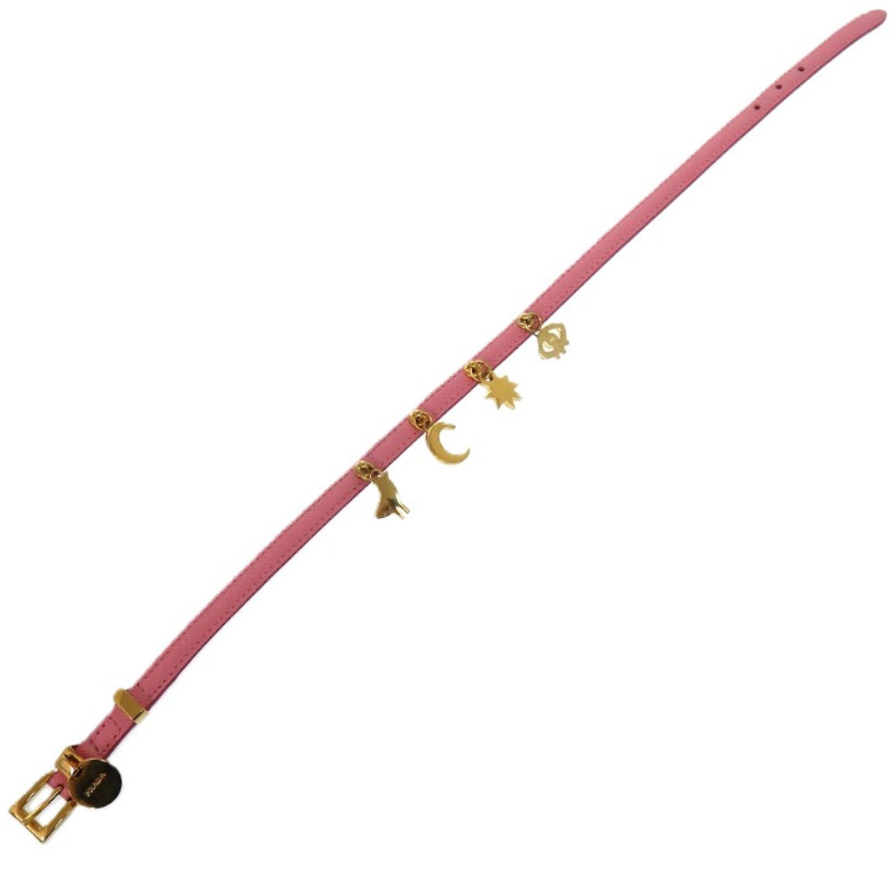 美品 プラダ 2連 鳥 月 星 目 レザー ゴールド金具 ピンク ブレスレット 1626【中古】PRADA