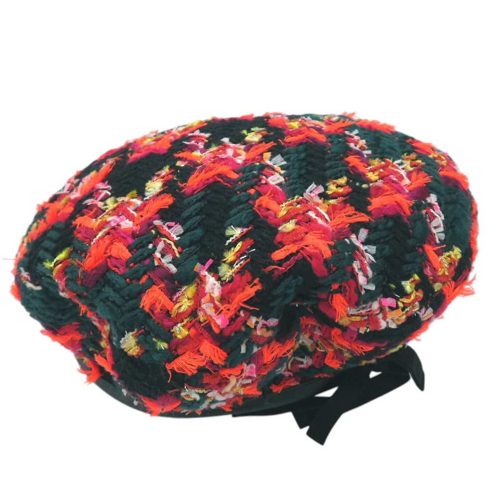 新品同様 グッチ ツイードチェック ベレー帽 リボン GG ロゴ 729140 ウール ナイロン マルチカラー 1645【中古】GUCCI