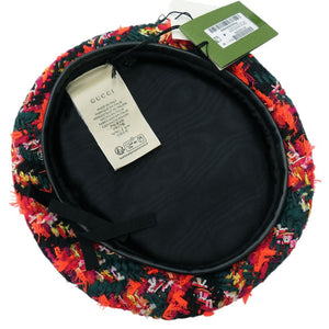 新品同様 グッチ ツイードチェック ベレー帽 リボン GG ロゴ 729140 ウール ナイロン マルチカラー 1645【中古】GUCCI