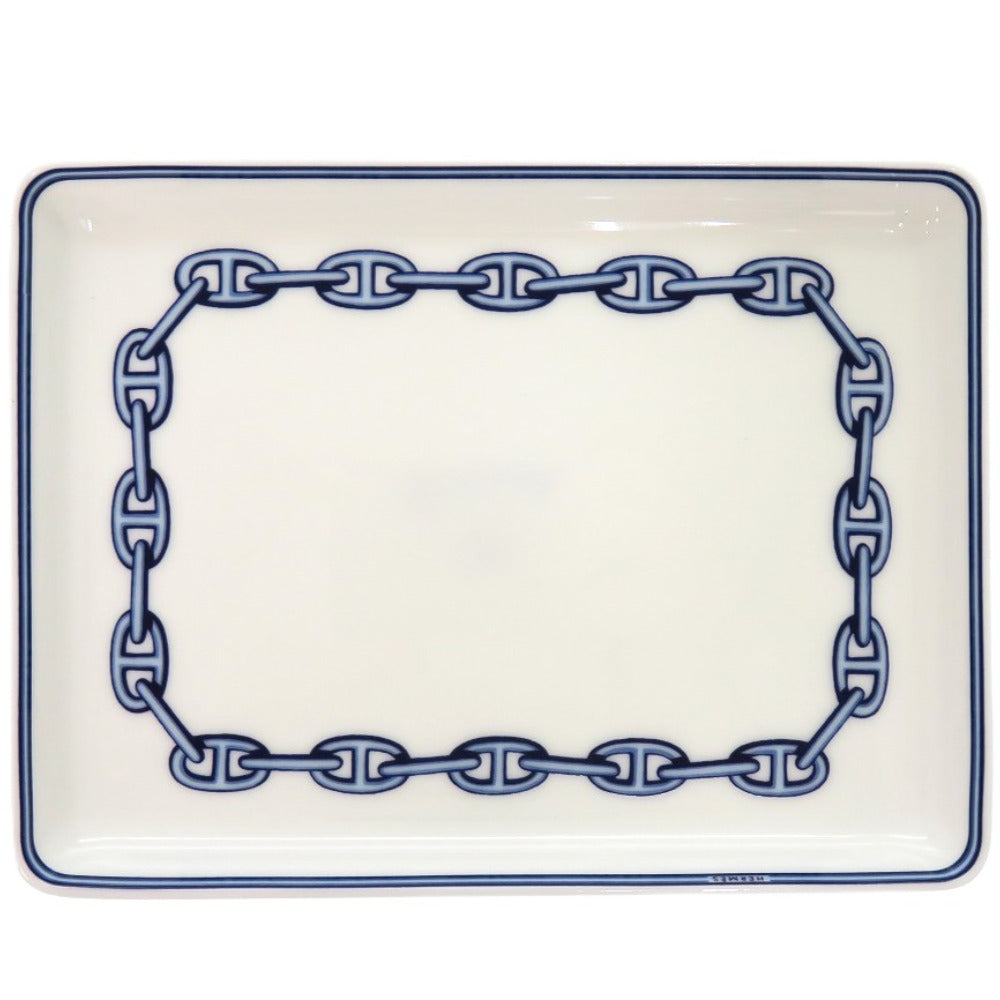 新品同様 エルメス プレート 長方形 シェーヌダンクル Chaine d'Ancre その他小物 陶器 ホワイト 青 皿1688【中古】HERMES