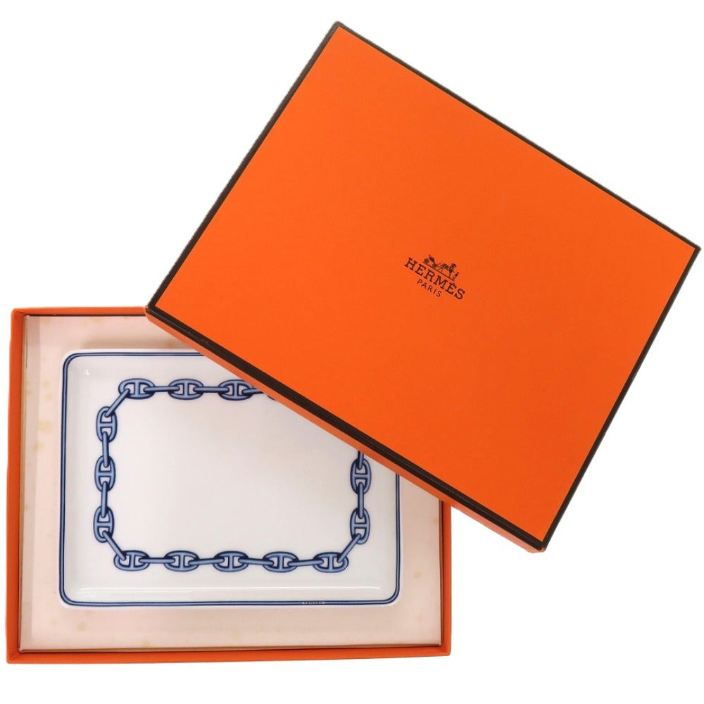 新品同様 エルメス プレート 長方形 シェーヌダンクル Chaine d'Ancre その他小物 陶器 ホワイト 青 皿1688【中古】HERMES
