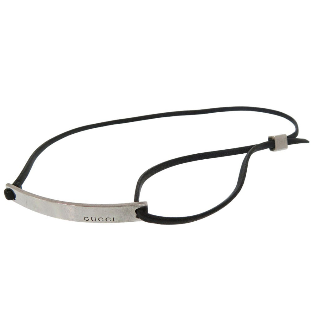 美品 グッチ ロゴ プレート チョーカー ネックレス シルバー925 レザー ブラック 1708【中古】GUCCI