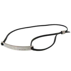 美品 グッチ ロゴ プレート チョーカー ネックレス シルバー925 レザー ブラック 1708【中古】GUCCI