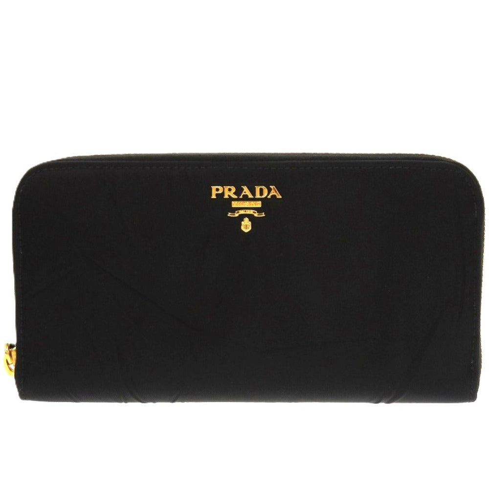 美品 プラダ ラウンドファスナー シワ加工 ナイロン ブラック 1716 黒 長財布【中古】PRADA