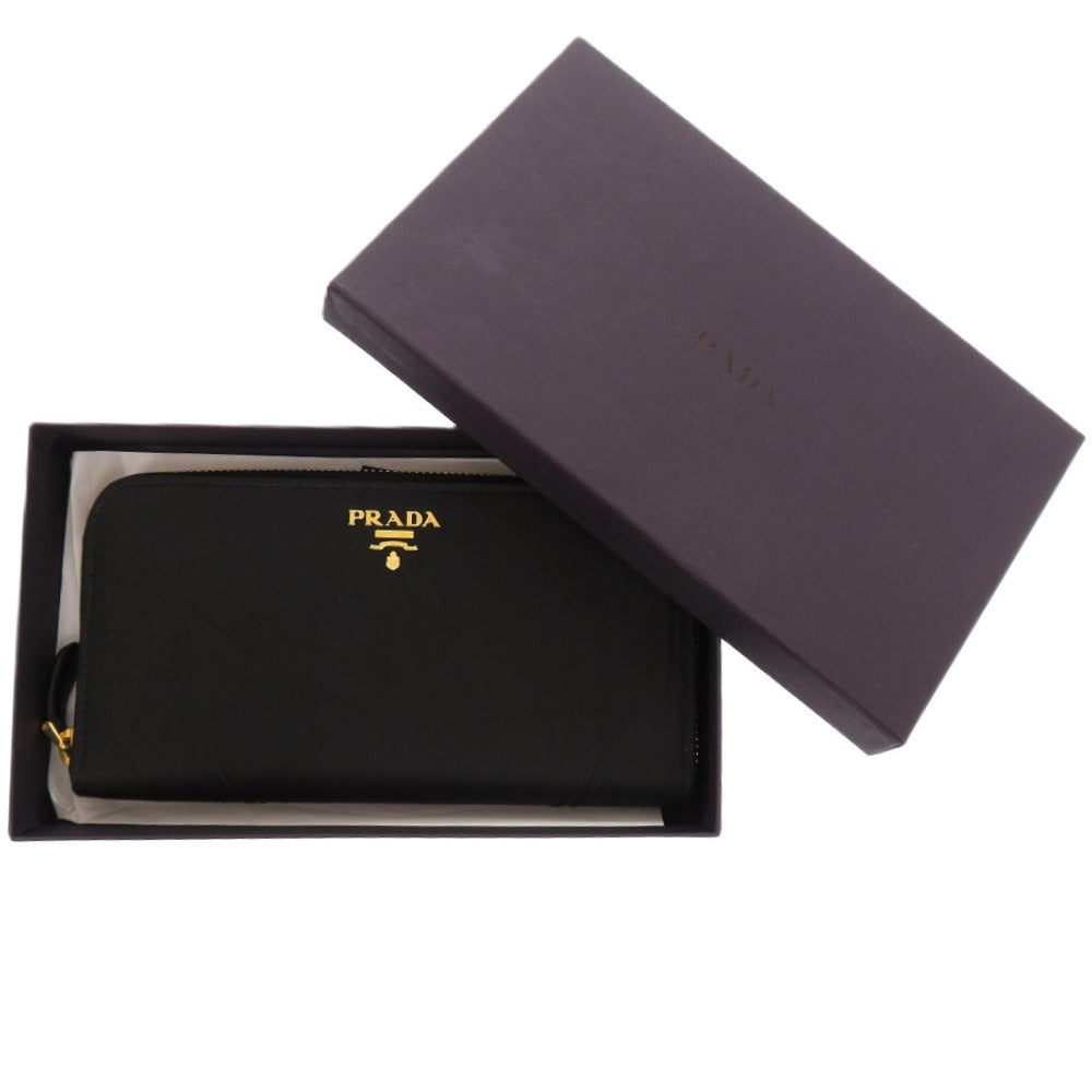 美品 プラダ ラウンドファスナー シワ加工 ナイロン ブラック 1716 黒 長財布【中古】PRADA