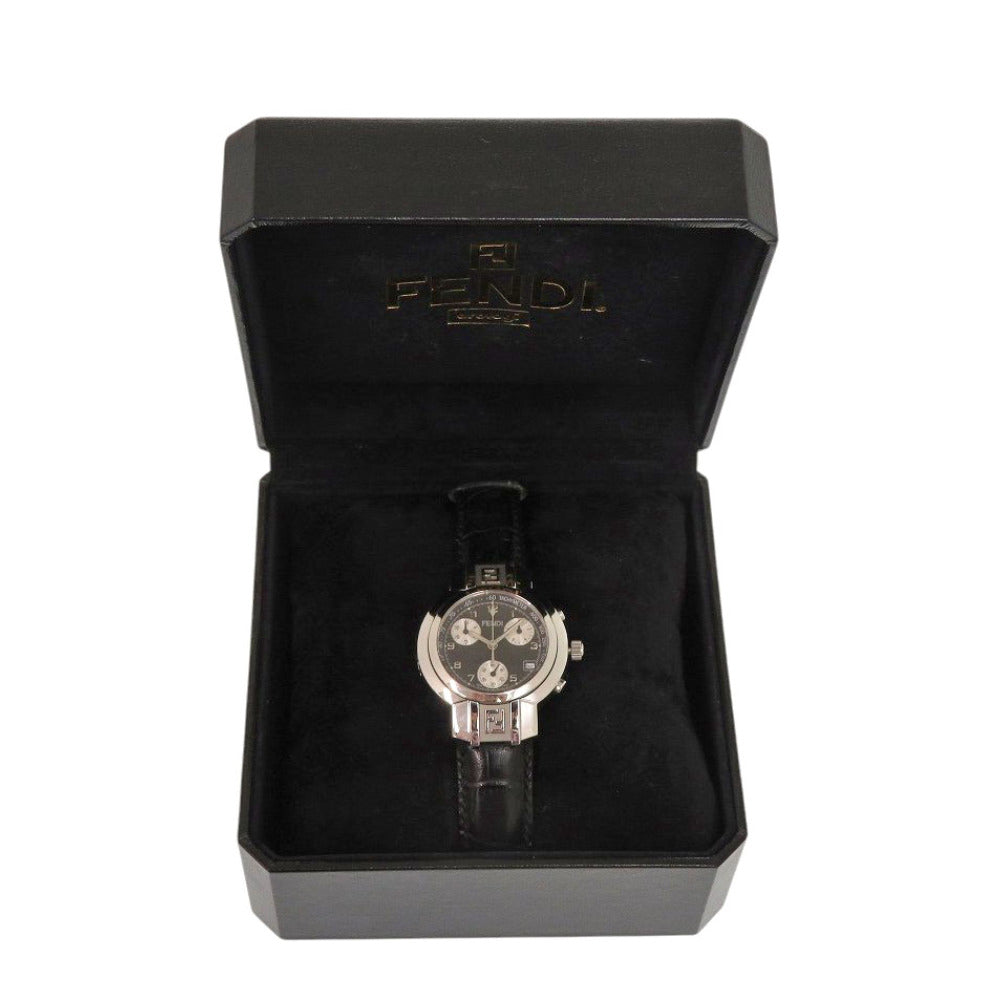フェンディ 4500L オロロジ クロノグラフ SS レザー ブラック クオーツ 腕時計 黒文字盤 1735【中古】FENDI