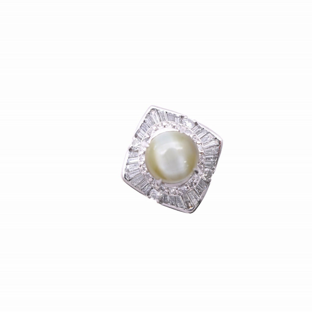 美品 クリソベル キャツアイ 5.09ct / バケットダイヤ 1.36ct Pt900 リング 約9.5号 指輪 ダイヤモンド ジュエリー 0043【中古】レディース