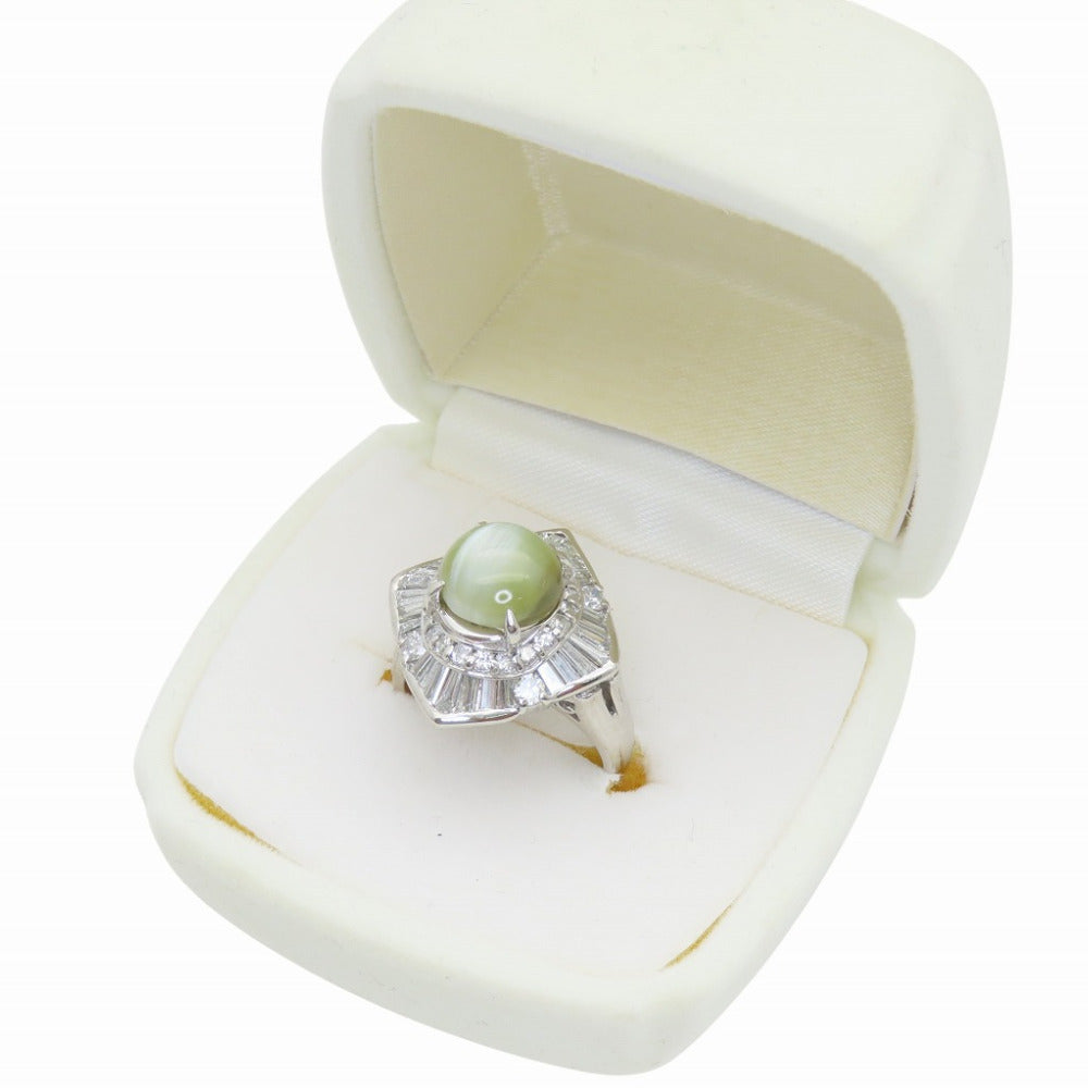 美品 クリソベル キャツアイ 5.09ct / バケットダイヤ 1.36ct Pt900 リング 約9.5号 指輪 ダイヤモンド ジュエリー 0043【中古】レディース