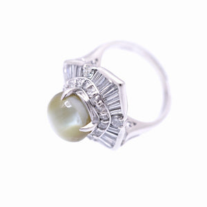 美品 クリソベル キャツアイ 5.09ct / バケットダイヤ 1.36ct Pt900 リング 約9.5号 指輪 ダイヤモンド ジュエリー 0043【中古】レディース
