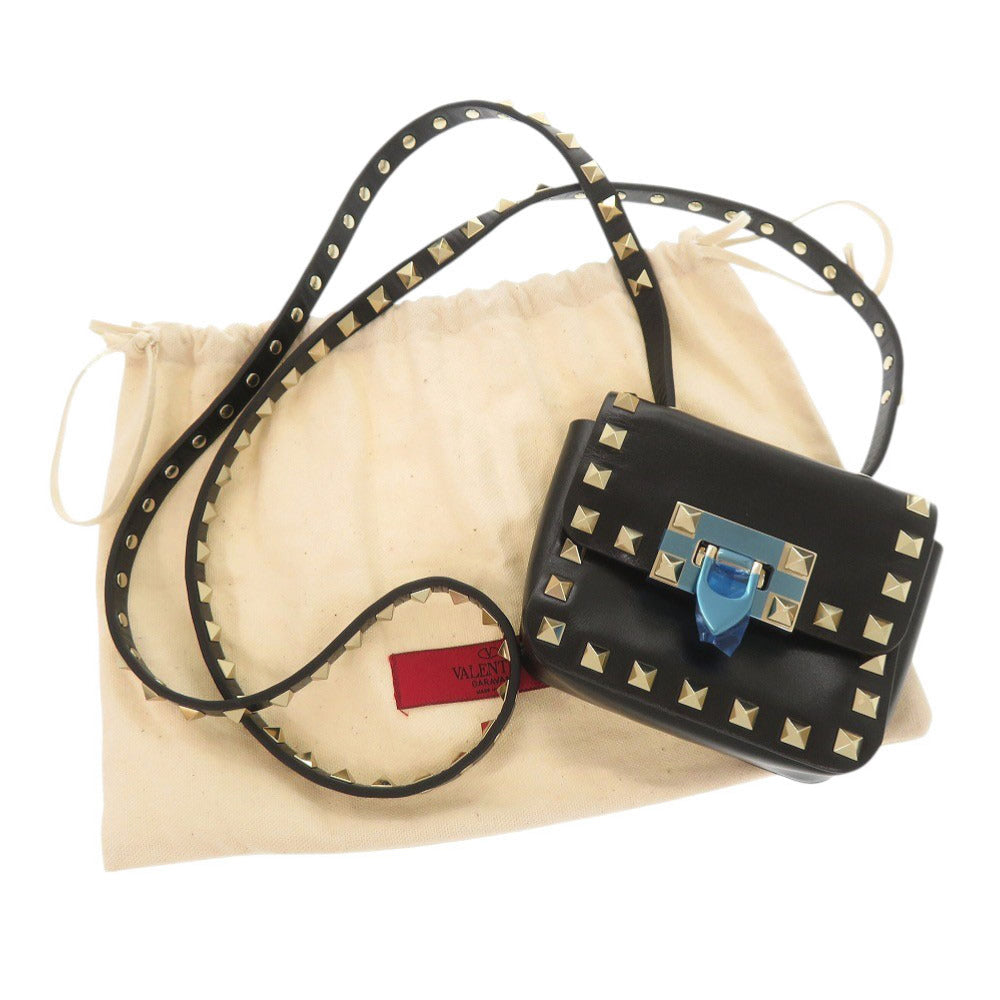 未使用品 ヴァレンティノ ガラヴァーニ ロックスタッズ レザー ブラック ショルダーバッグ 黒 0210【中古】Valentino Garavani