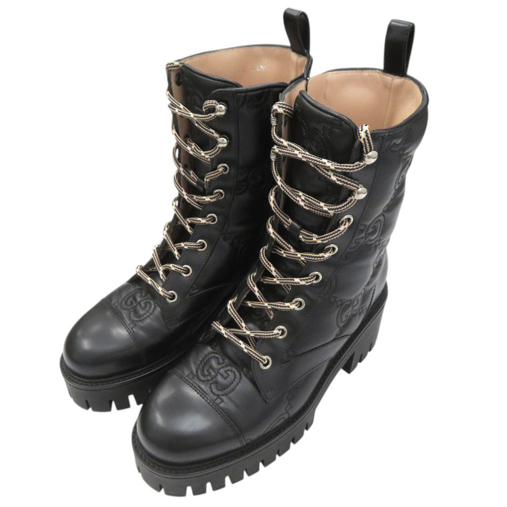 新品同様 グッチ ショートブーツ GG 厚底 ラバーソール 718386 レザー ブラック 0255【中古】GUCCI
