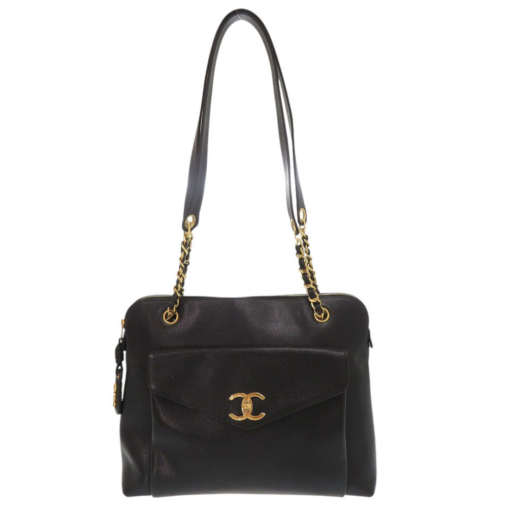 シャネル ココマーク キャビアスキン 3番台 ゴールド金具 ブラック トートバッグ チェーンショルダー ショルダーバッグ 黒 0281【中古】CHANEL