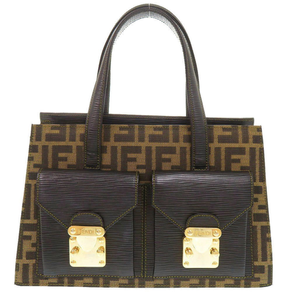 美品 フェンディ ズッカ キャンバス レザー ブラウン系 ブラック ハンドバッグ 0339【中古】FENDI