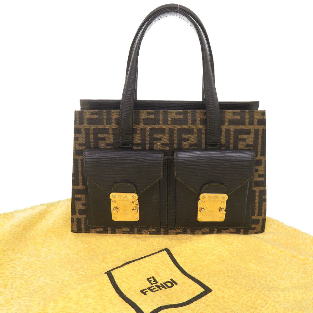 美品 フェンディ ズッカ キャンバス レザー ブラウン系 ブラック ハンドバッグ 0339【中古】FENDI