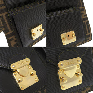美品 フェンディ ズッカ キャンバス レザー ブラウン系 ブラック ハンドバッグ 0339【中古】FENDI