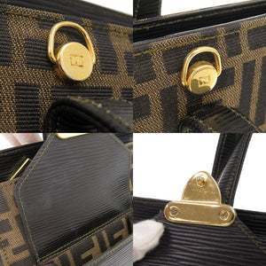 美品 フェンディ ズッカ キャンバス レザー ブラウン系 ブラック ハンドバッグ 0339【中古】FENDI