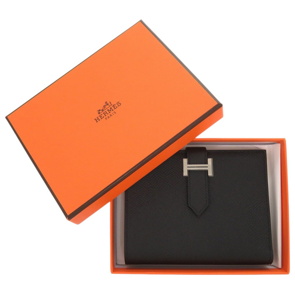 未使用 エルメス ベアンコンパクト ヴォーエプソン ブラック シルバー金具 B刻印(2023年製) 二つ折り財布 黒 0432【中古】HERMES