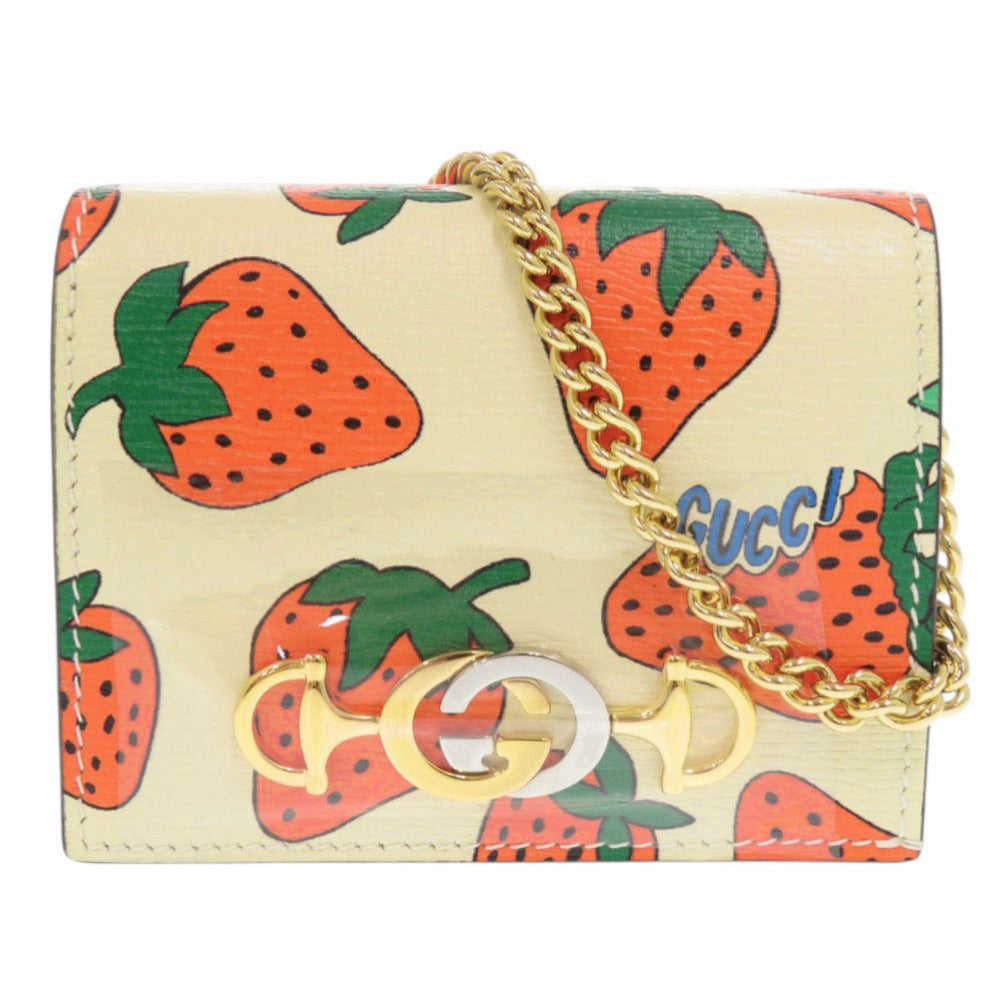 未使用品 グッチ ズゥミ ストロベリー 570660 レザー アイボリー 二つ折り財布 チェーンウォレット 0434【中古】GUCCI