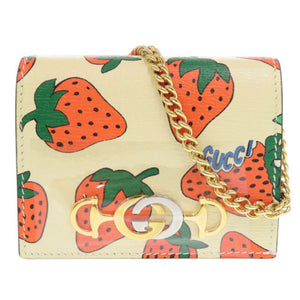 未使用品 グッチ ズゥミ ストロベリー 570660 レザー アイボリー 二つ折り財布 チェーンウォレット 0434【中古】GUCCI