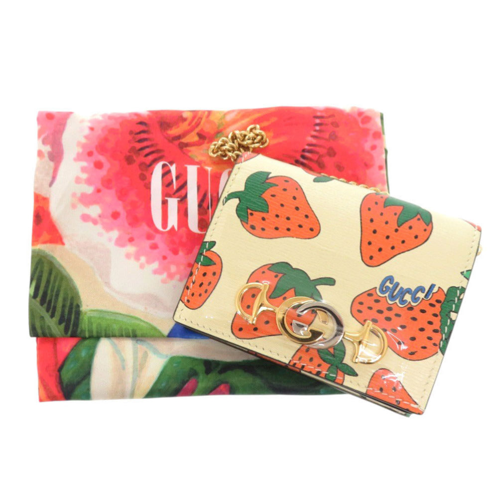 未使用品 グッチ ズゥミ ストロベリー 570660 レザー アイボリー 二つ折り財布 チェーンウォレット 0434【中古】GUCCI