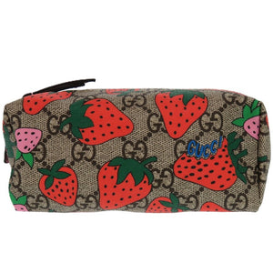 新品同様 グッチ GGスプリーム ストロベリーモチーフ 576217 ポーチ レザー マルチカラー コスメポーチ バッグ 0435【中古】GUCCI