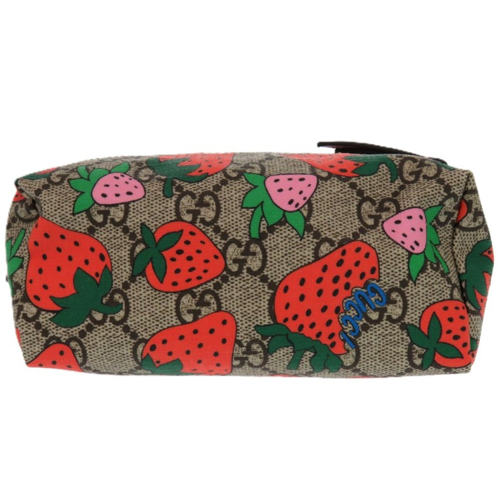 新品同様 グッチ GGスプリーム ストロベリーモチーフ 576217 ポーチ レザー マルチカラー コスメポーチ バッグ 0435【中古】GUCCI