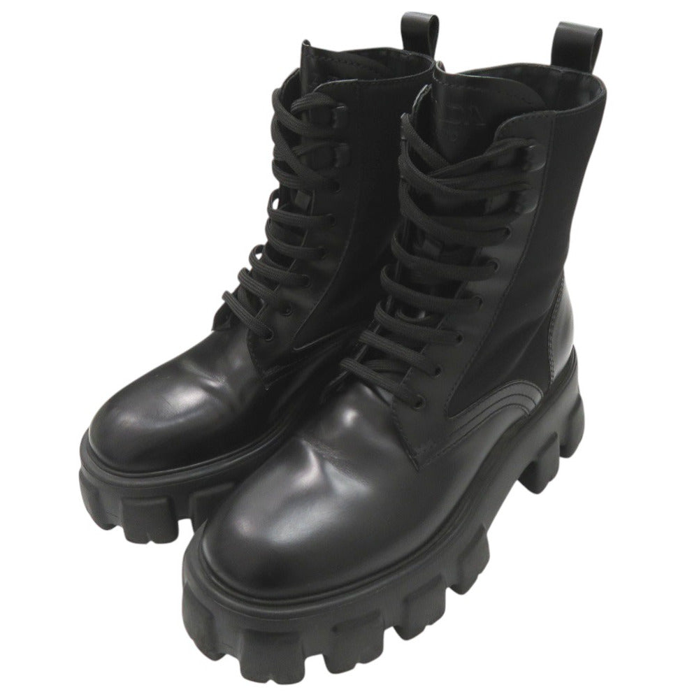 美品 プラダ モノリス Re-NYLON コンバットブーツ ナイロン レザー ブラック 0438【中古】PRADA
