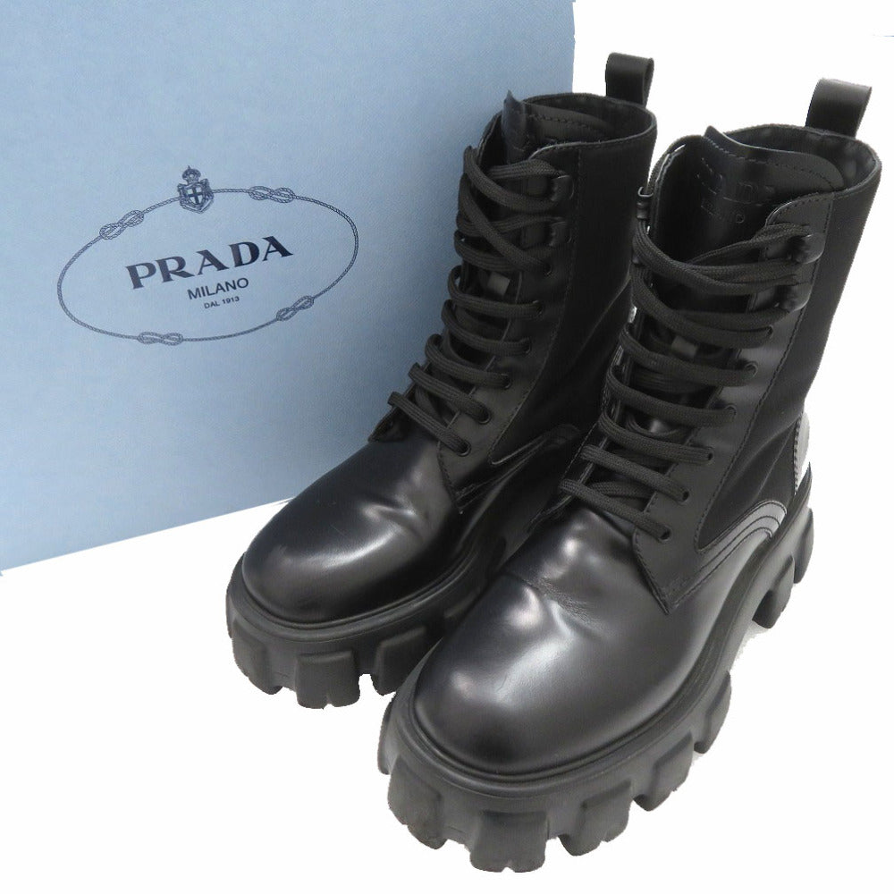 美品 プラダ モノリス Re-NYLON コンバットブーツ ナイロン レザー ブラック 0438【中古】PRADA