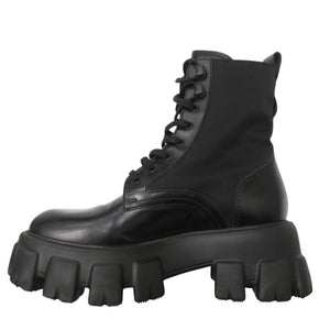 美品 プラダ モノリス Re-NYLON コンバットブーツ ナイロン レザー ブラック 0438【中古】PRADA