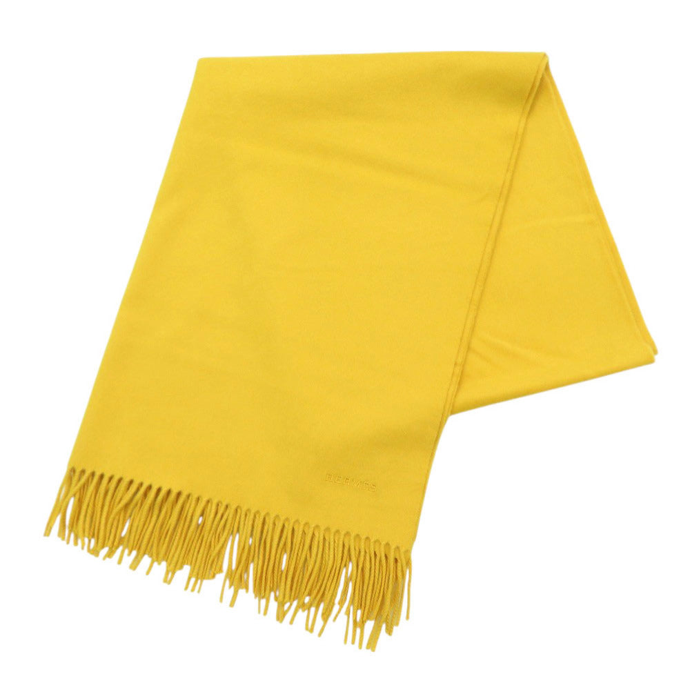 新品同様 エルメス ロゴ刺繡 カシミヤ イエロー マフラー 黄 0452【中古】HERMES
