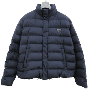 新品同様 プラダ クロップド テクニカルファブリック フード付き ダウンジャケット ネイビー 0513【中古】PRADA