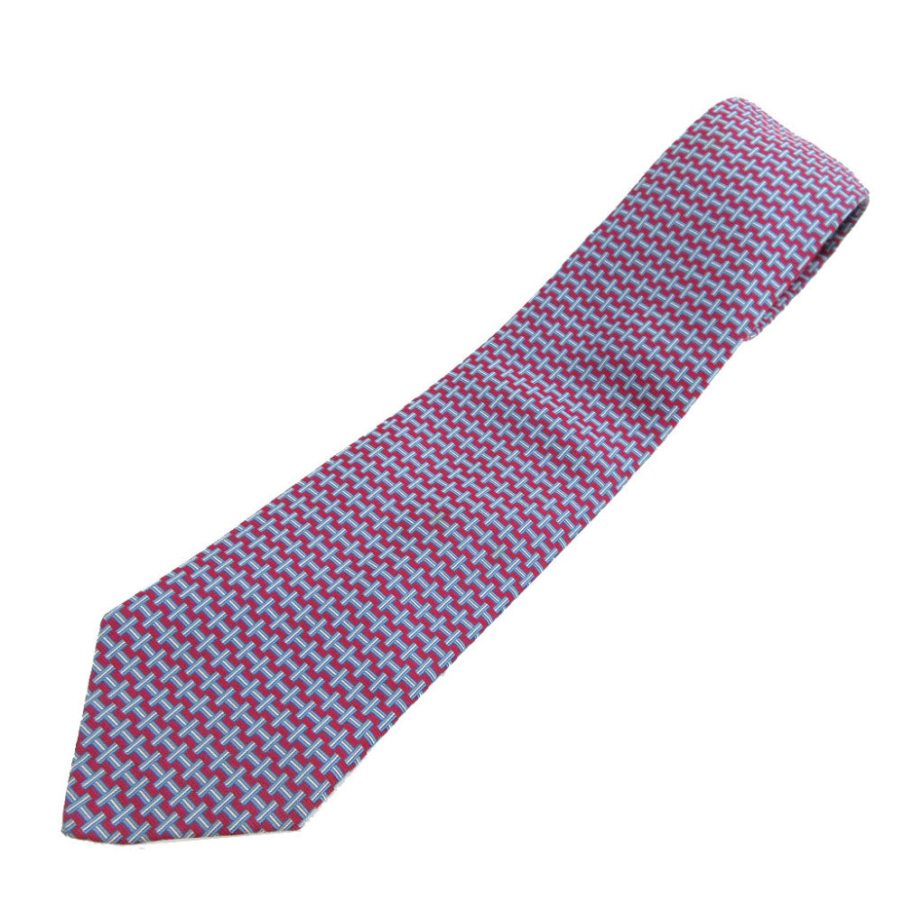 新品同様 エルメス H柄 シルク ボルドー 水色 ネクタイ 0546【中古】HERMES